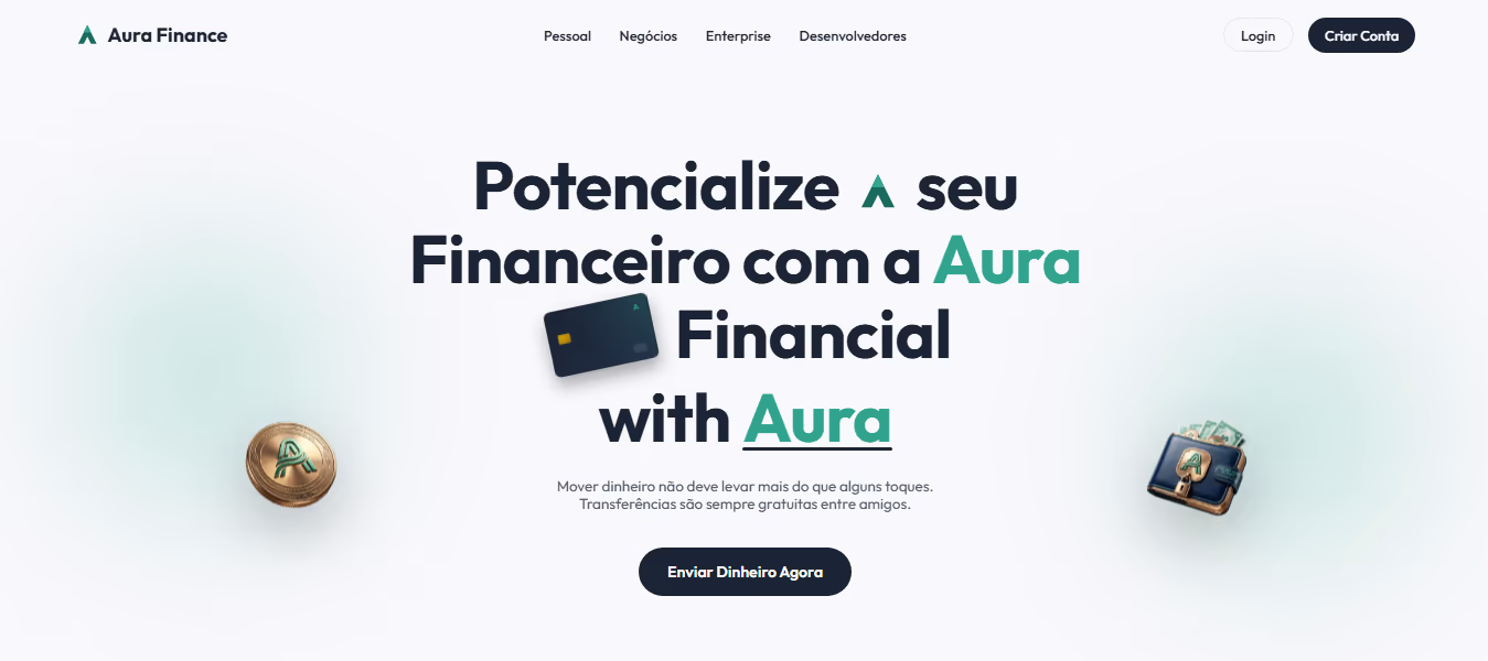 Painel principal da Aura Finance com saldo consolidado e gráfico de evolução
