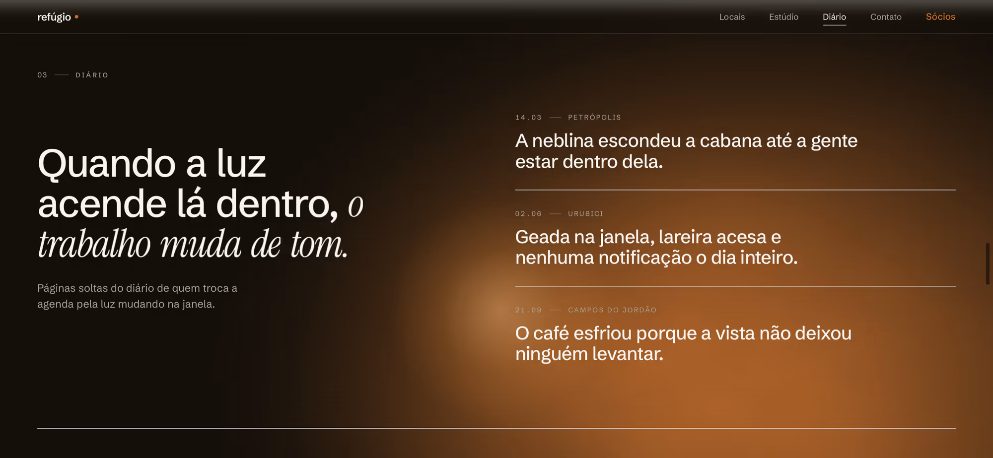 Seção Diário de campo em tema escuro, com texto claro sobre fundo noturno