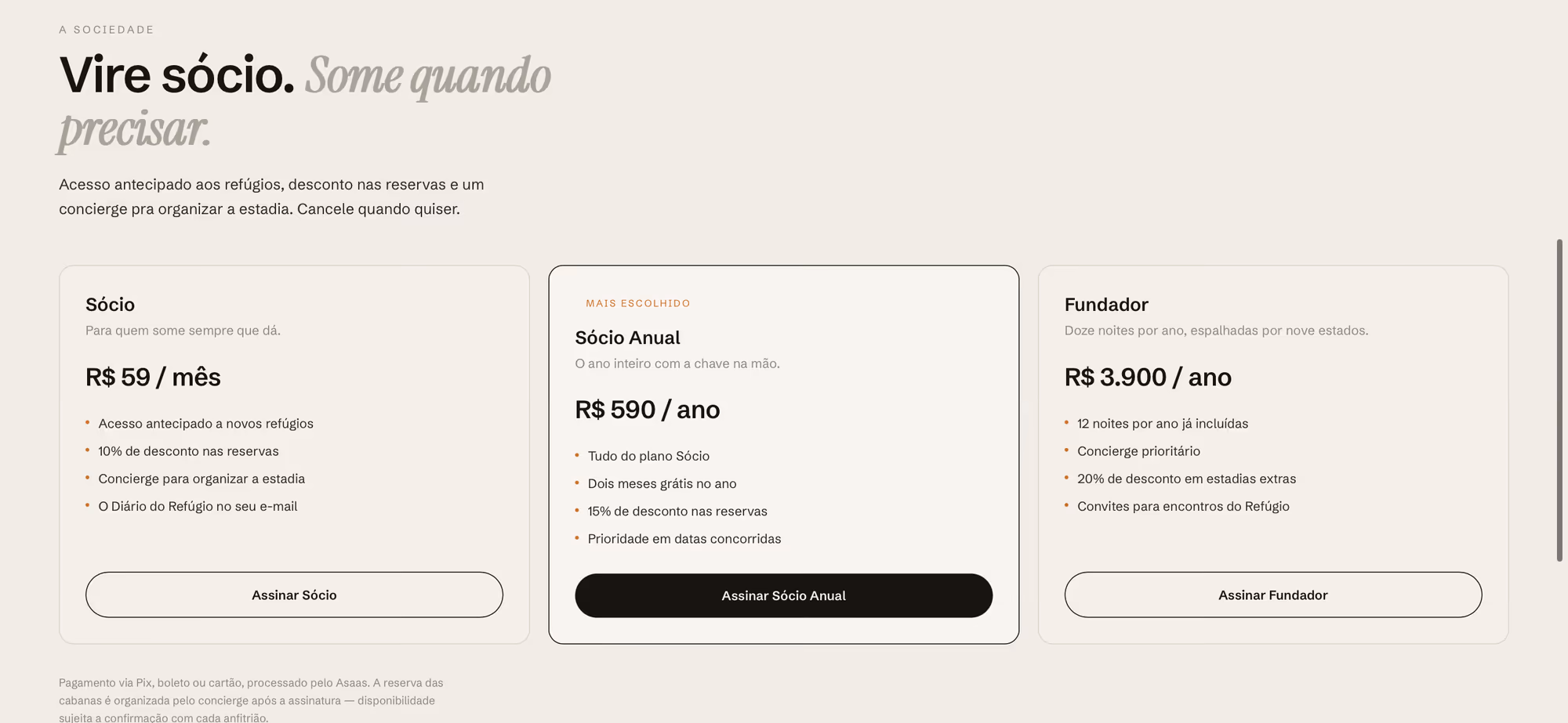 Tela de planos de sociedade com os valores da assinatura recorrente