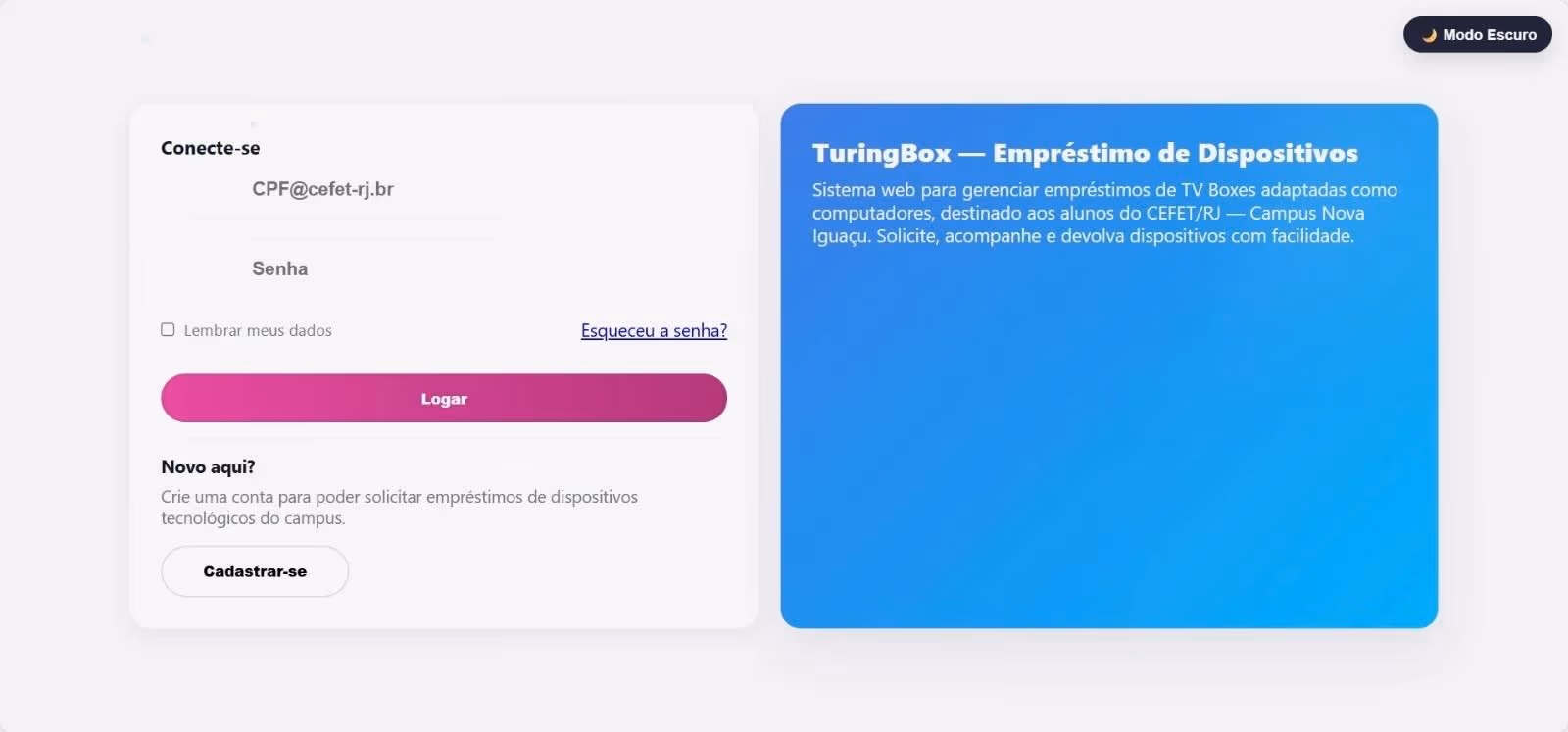 Tela inicial do TuringBox com a lista de equipamentos e seus estados