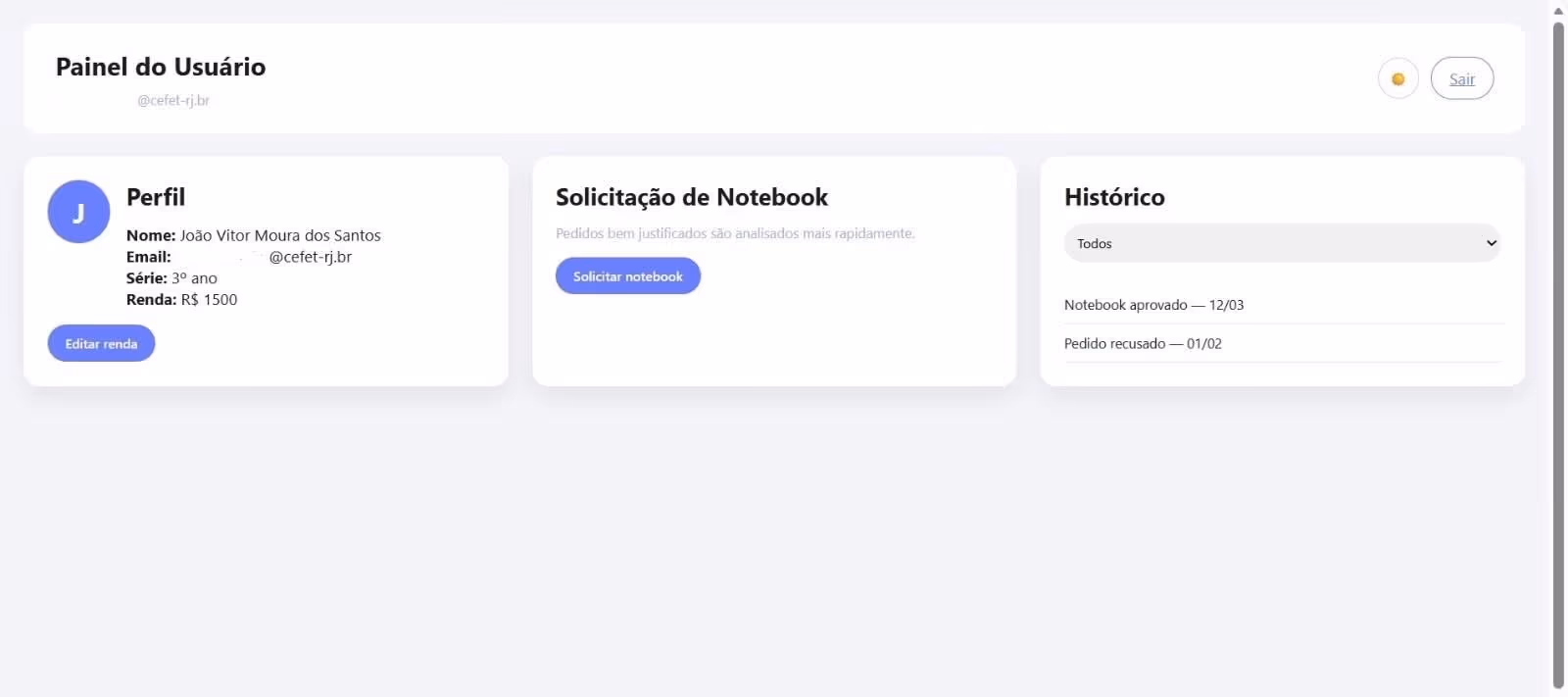 Tela de registro de devolução com o histórico de movimentação do equipamento