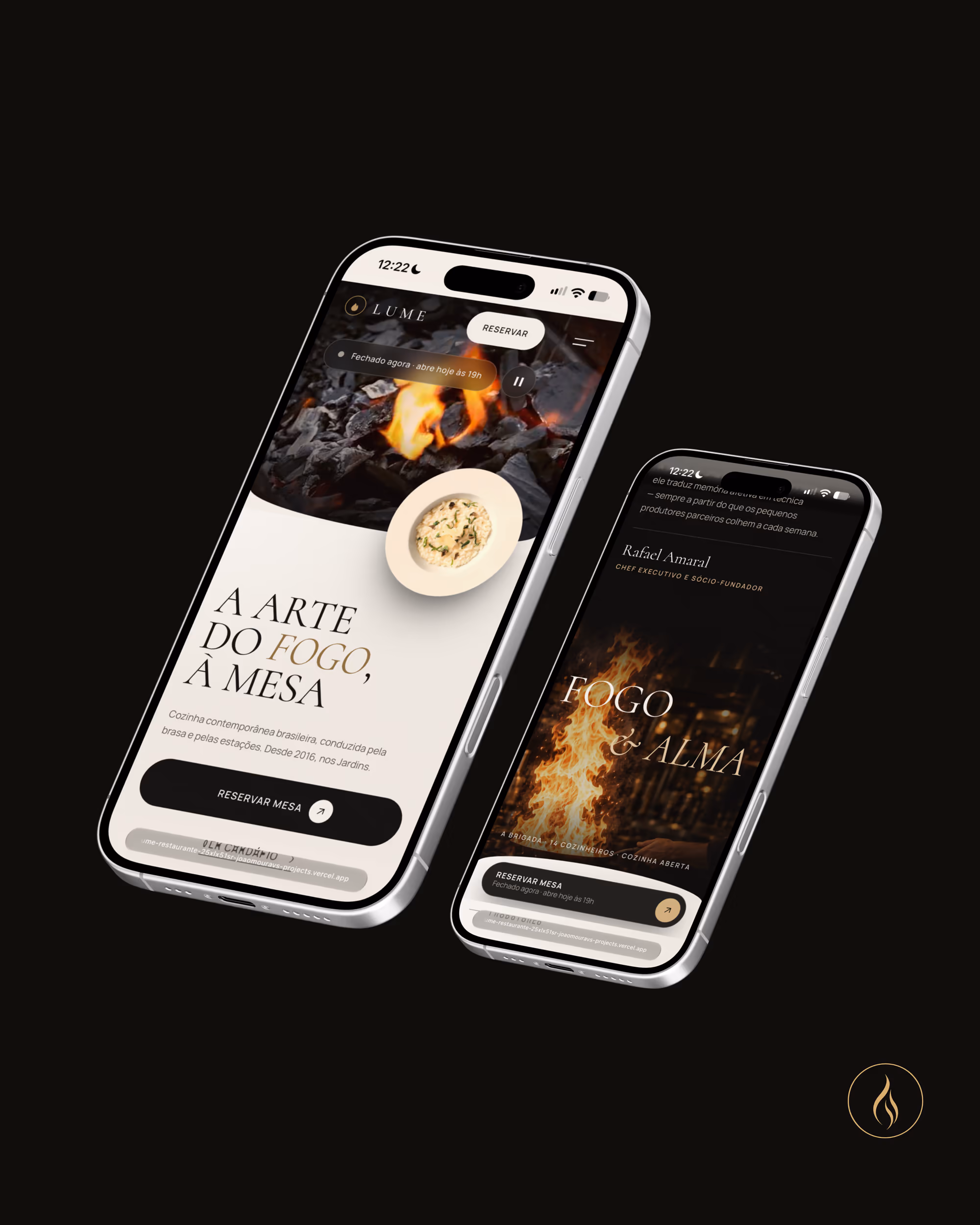 Mockups mobile da home do LUME e da seção Fogo & Alma com o botão fixo de reserva