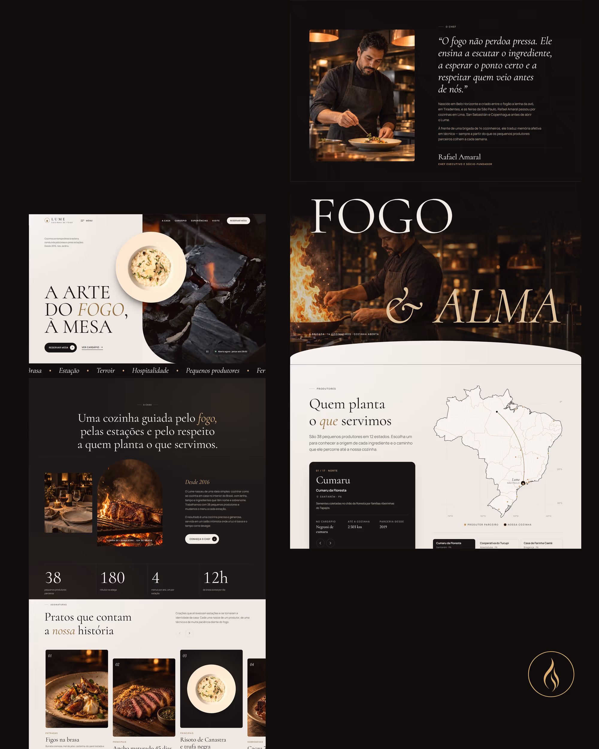 Seções da home: manifesto da casa, chef, pratos de assinatura e mapa de produtores parceiros