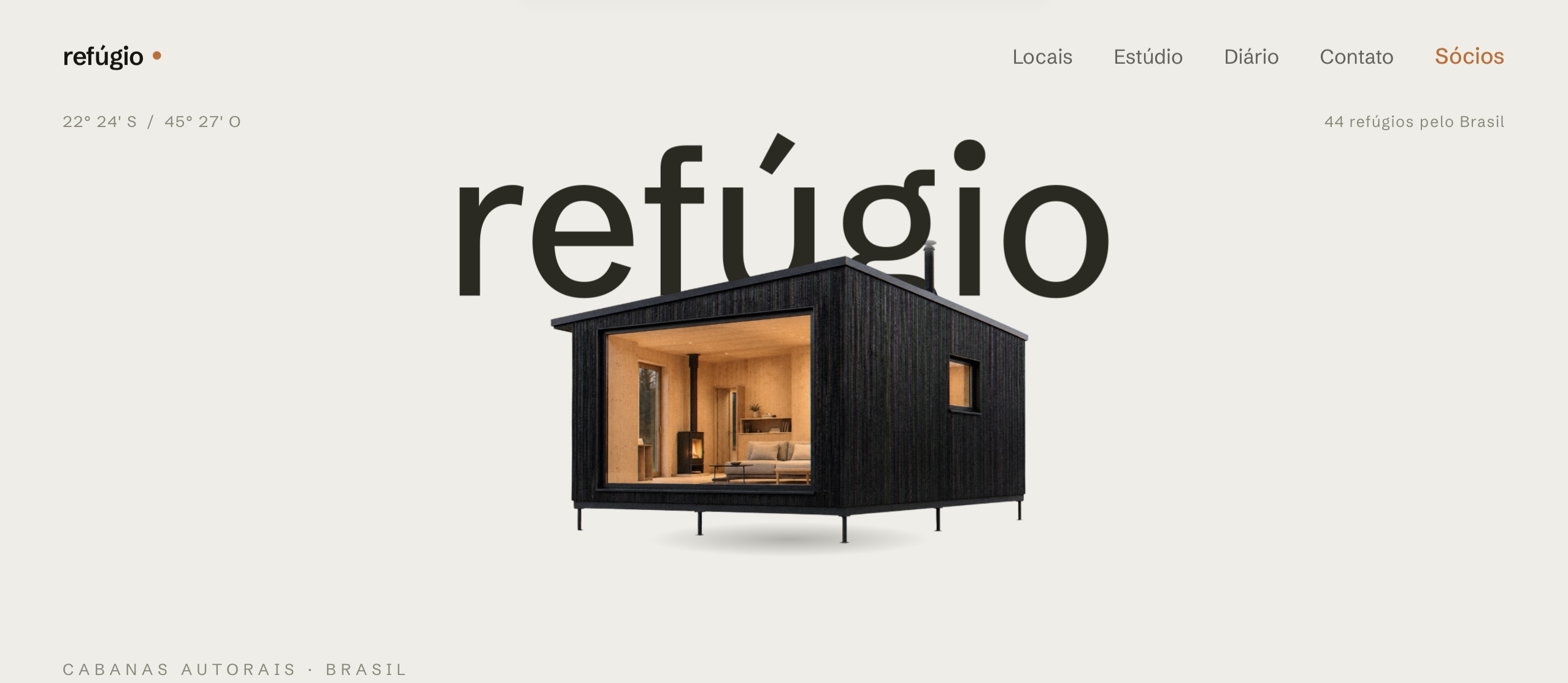 Refúgio — home com a marca e a cabana