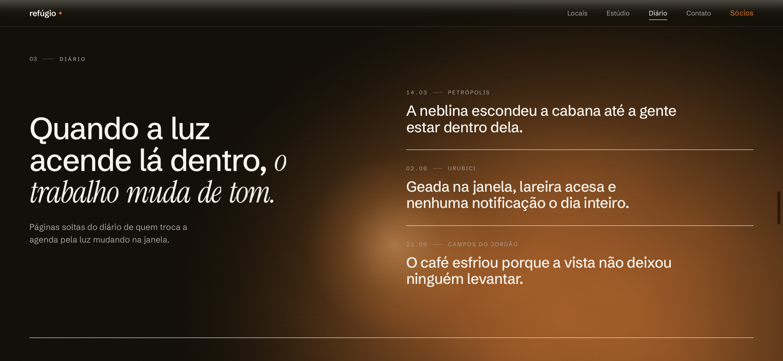Refúgio — seção diário em tema escuro